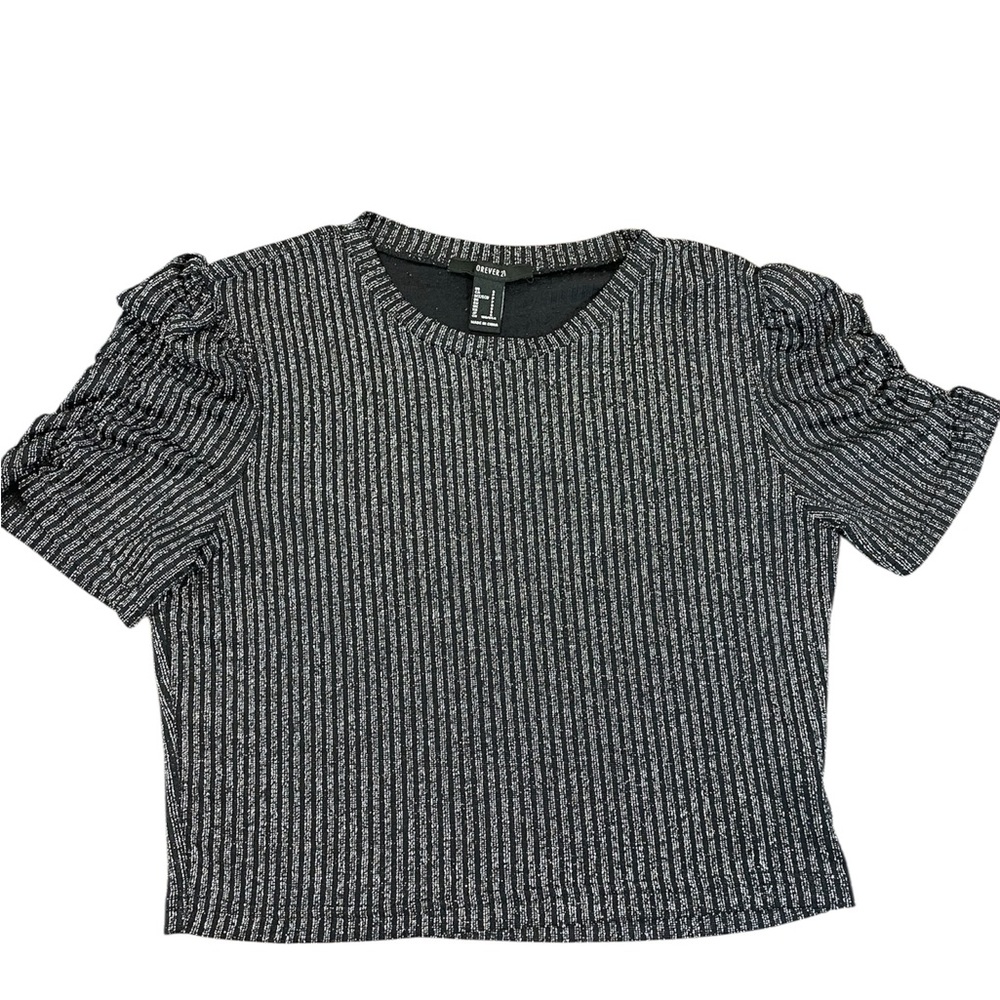 Forever 21 Black Metallic Stripe Puff Sleeve Top - Size Small